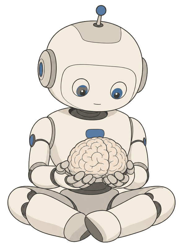 Illustration of a small robot sitting on a grass patch